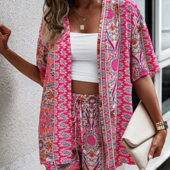 Boho Pink Paisley Open Front Kimono Top & Shorts Set - Picture 3 of 5